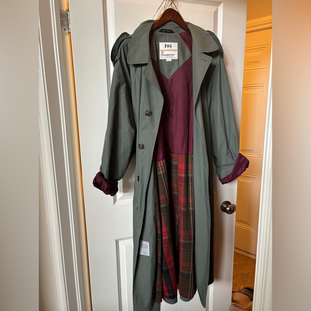London Fog Green Trench Coat with Burgundy Accents